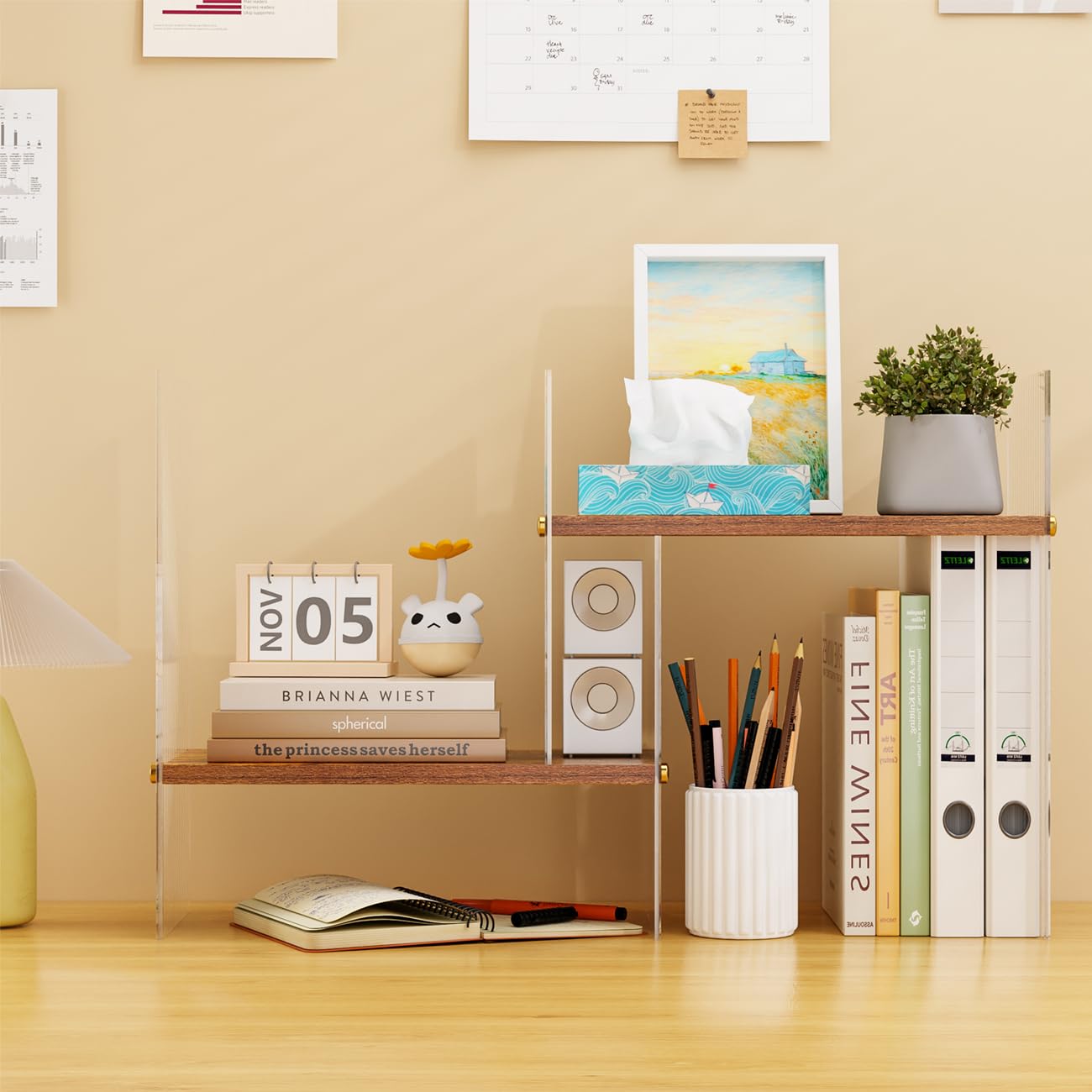 BYCY Double H Display Bookshelf Desktop Organizer Office Storage Rack Desk Expandable Wood Display Shelf with Acrylic Side Board Free Style Display Adjustable Stackable for Home Office (Black Brown)