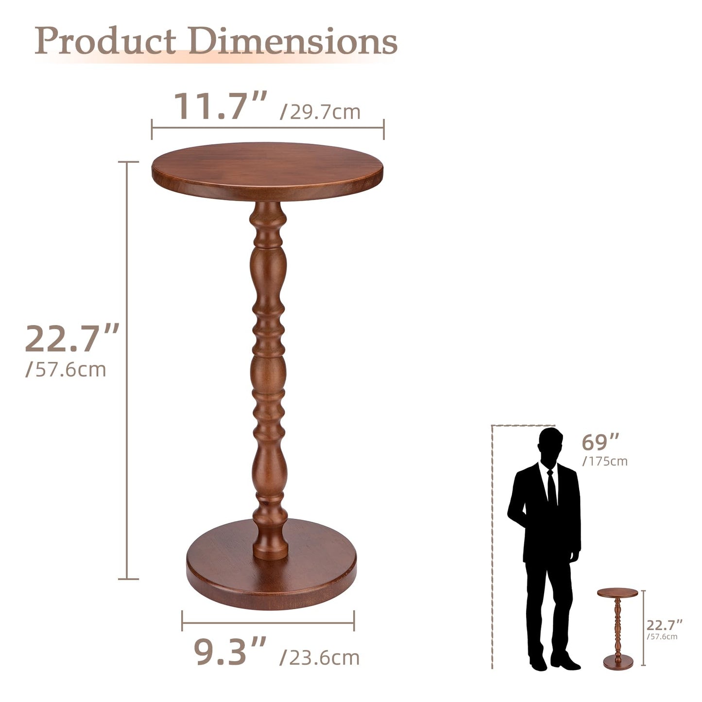 Junistra Solid Wood Round Side Table, Rustic Pedestal Drink Table for Small Spaces, Accent Nightstand Table for Living Room, Bedroom, Corners, and Office, Brown