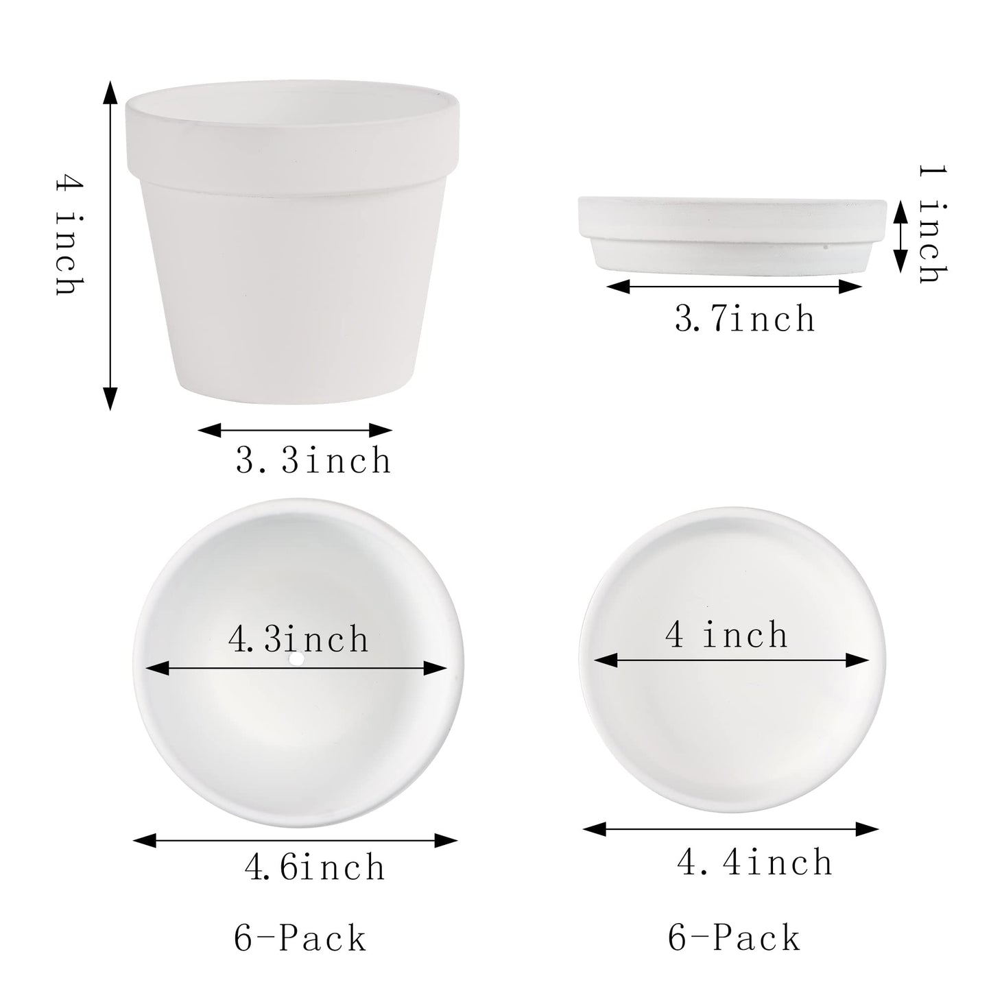Yishang Terra Cotta Pots with Saucer/Ceramic Tray, 6-Pack Large Terracotta Pots 4.6'' Clay Ceramic Planters for Succulent, Cactus, Flower Plants, Crafts (White)