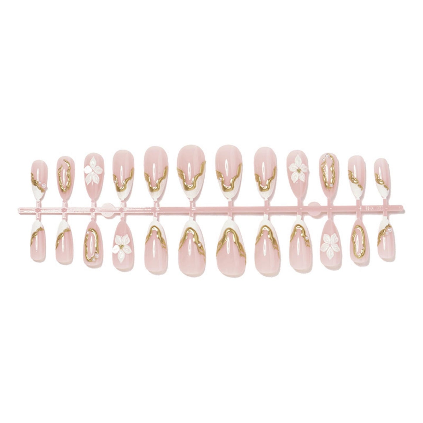 Almond Press on Nails Medium Fake Nails French Artificial Nail White Flowers and Gold Charm Stick on Nail for Women 24pcs