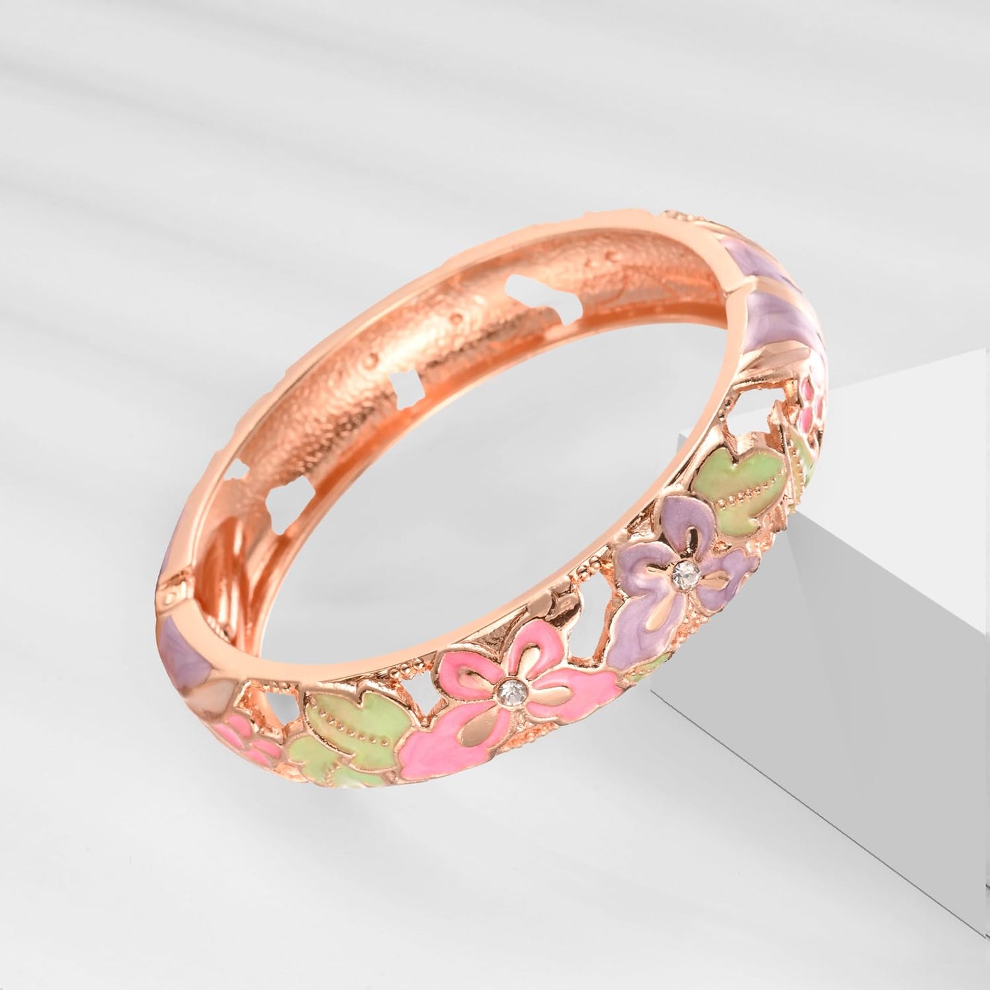 UJOY Bangles 5 Pcs Enamel Jewelry Set Rose Gold Flower Engraved Cloisonne Bracelets Pack in a Box 5PCS green pink white