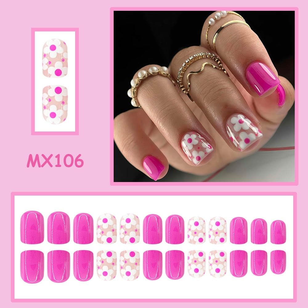 Flower Press on Nails Short Square Fake Nails with White Floral Design Glossy Rose Pink Nails Press on Spring Summer False Nails Reusable Full Cover Glue on Nails for Women Manicure 24Pcs