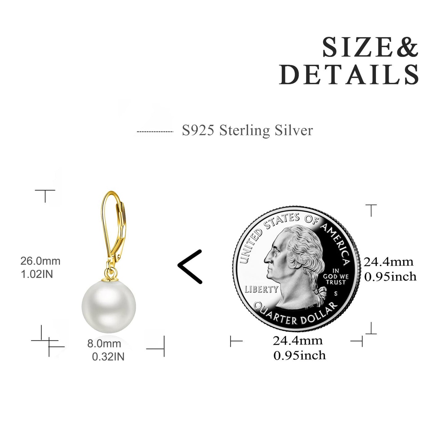 925 Sterling Silver Gold Pearl Leverback Earrings Dangle Drop Jewelry Gifts for Women (Pearl-Gold)