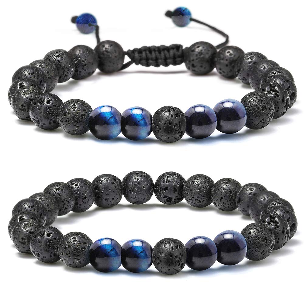 M MOOHAM Natural Bead Bracelet - Gem Semi Precious Stone Round Bead Black Lava Rock Blue Tiger Eye Beads Bracelet Adjustable Bracelets Birthday Gifts for Men