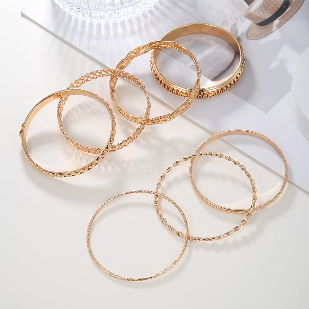 RINTOLER Vintage Hollow Pattern Gold Bangle Bracelet for Women - Bohemian Multi layered Stackable Texture Gold Bracelet Set Jewelry