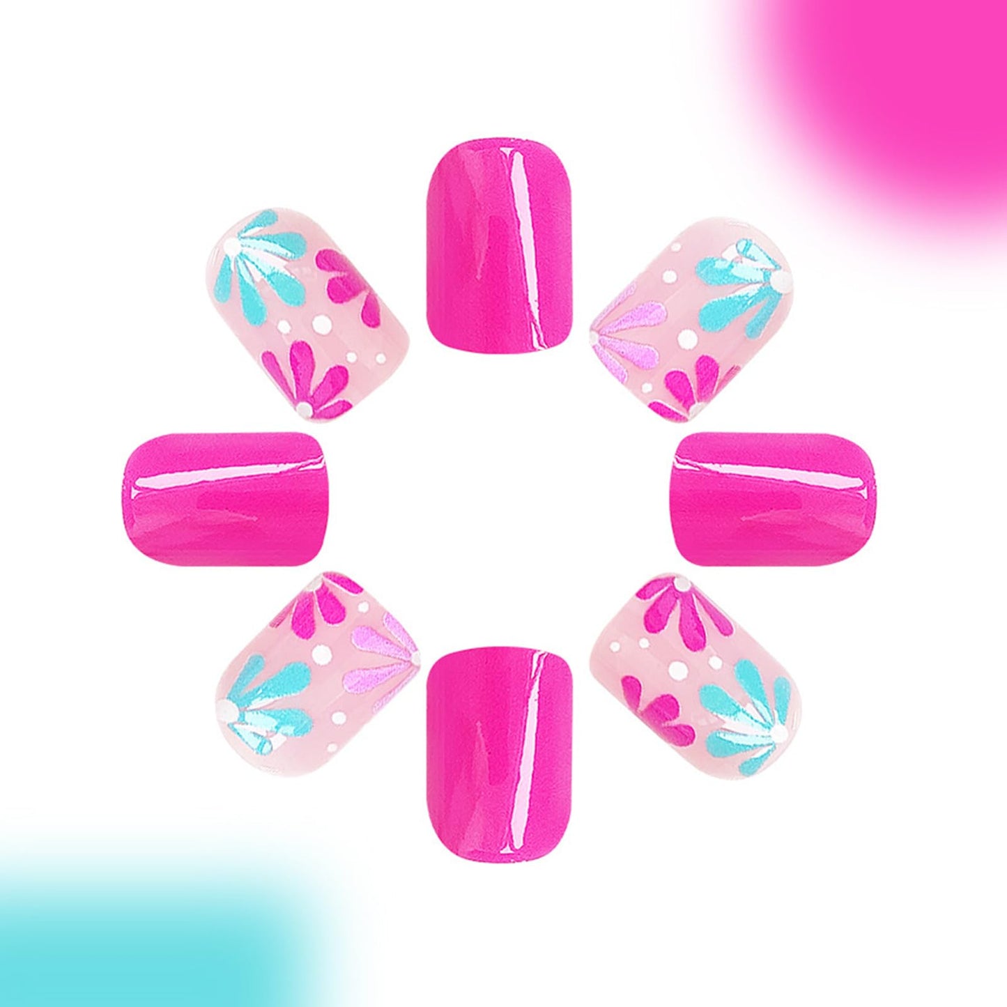 Press on Nails Short Square Fake Nails with Flower Designs Acrylic Nails Press ons Glossy Glue on Nails Spring Summer False Nails Pink Full Cover Artificial Stick on Nails for Women 24Pcs