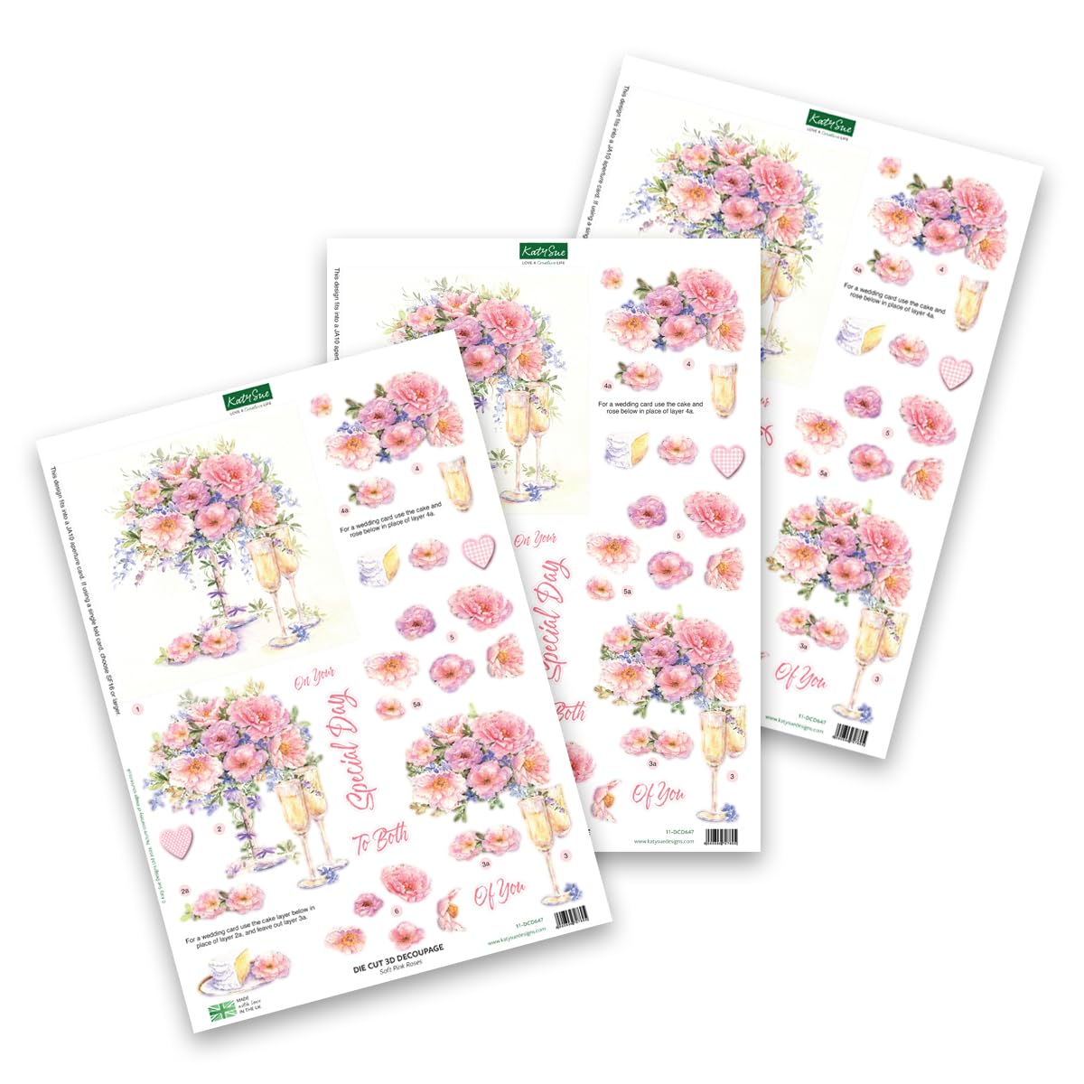 Katy Sue Designs On Your Special Day 3D Die-Cut Decoupage Sheets for Card Making & Scrapbooking. 9 Sheets of Katy Sue Die Cuts - Book & Flowers, Champagne & Violets & Soft Pink Roses