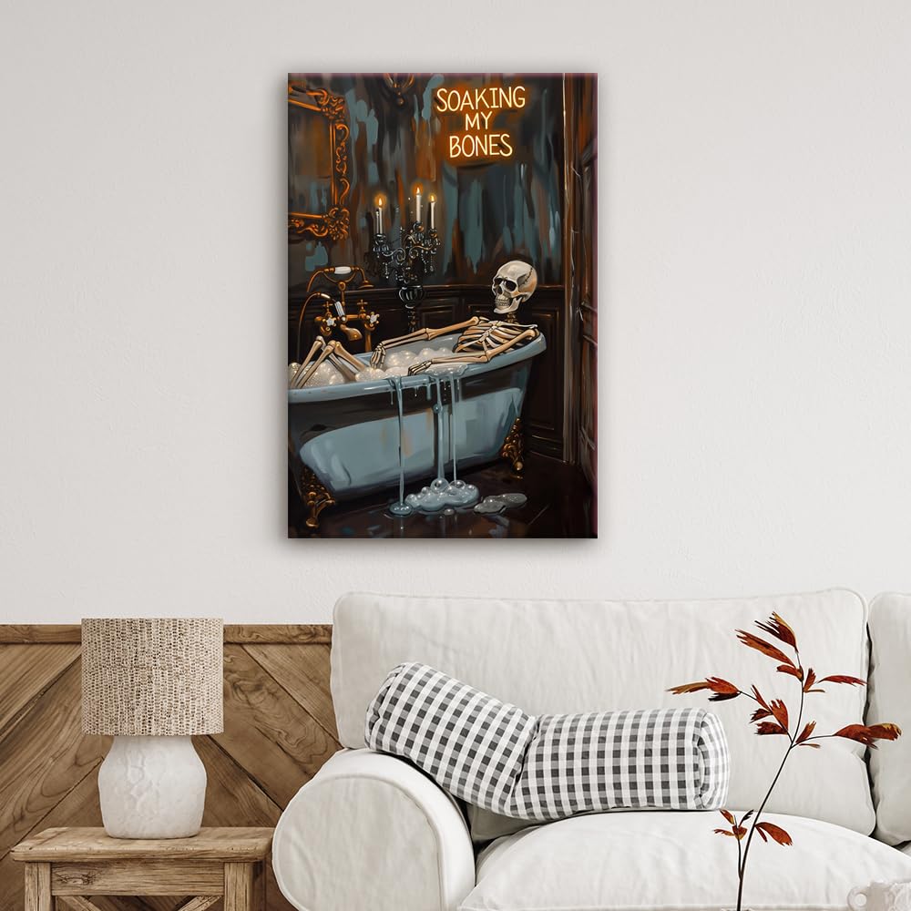 Soaking My Bones Wall Art Horror Halloween Decor Skeleton Bathtub Poster Moody Print Dark Academia Canvas Spooky Gothic Artwork Victorian Painting Bathroom Living 16x24inch Unframed