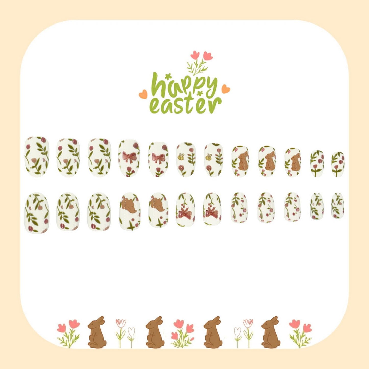 Easter Press on Nail Short Almond Shape Fake Nails with Cute Bunny Bow designs Flower False Nails White Stick on Nail Glossy Full Cover Acrylic Glue on Nails for Women Manicure24pcs