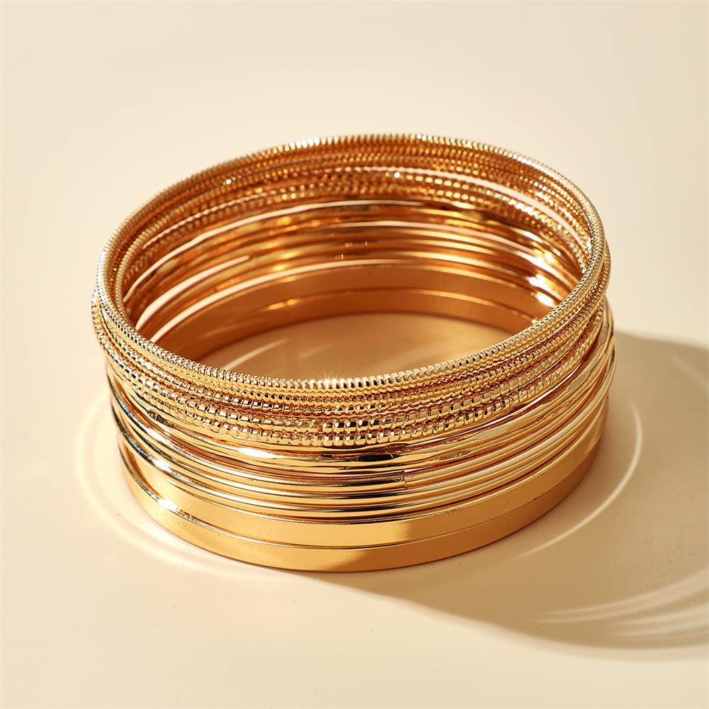 RINTOLER 14Pcs Gold Bangle Bracelets Set for Women - Multi Layer Stackable Textured Bracelets Boho Jewelrys for Women.