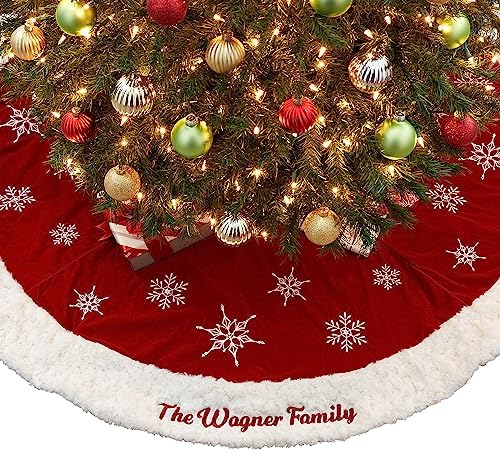 Personalization Universe Winter Wonderland Personalized Tree Skirt - Embroidered Christmas Decorations with Name, 54" Christmas Tree Skirt with Faux Fur & Snowflake Decorations