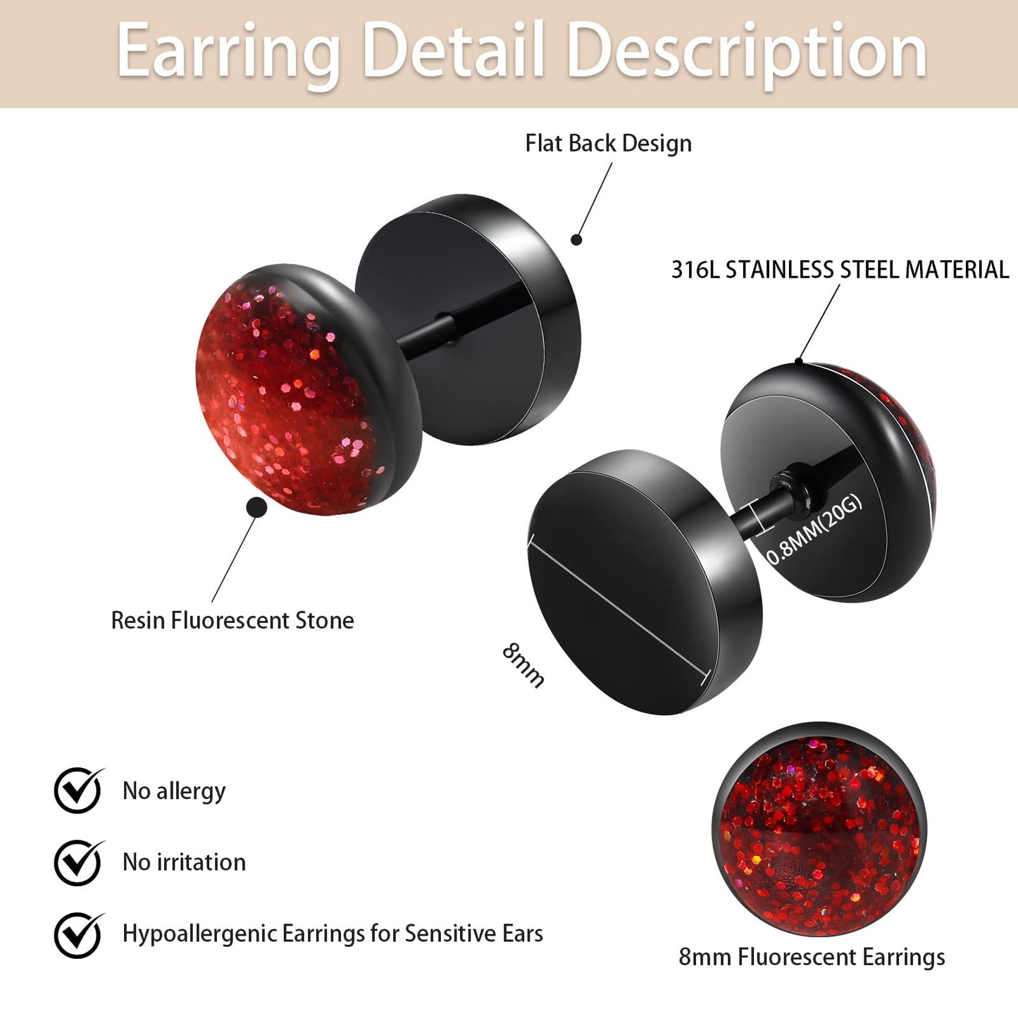 Surgical Stainless Steel Stud Earrings for Women Men Black Gold Plated Fluorescent Flat Back Hypoallergenic Earrings Suitable for Sensitive Ears