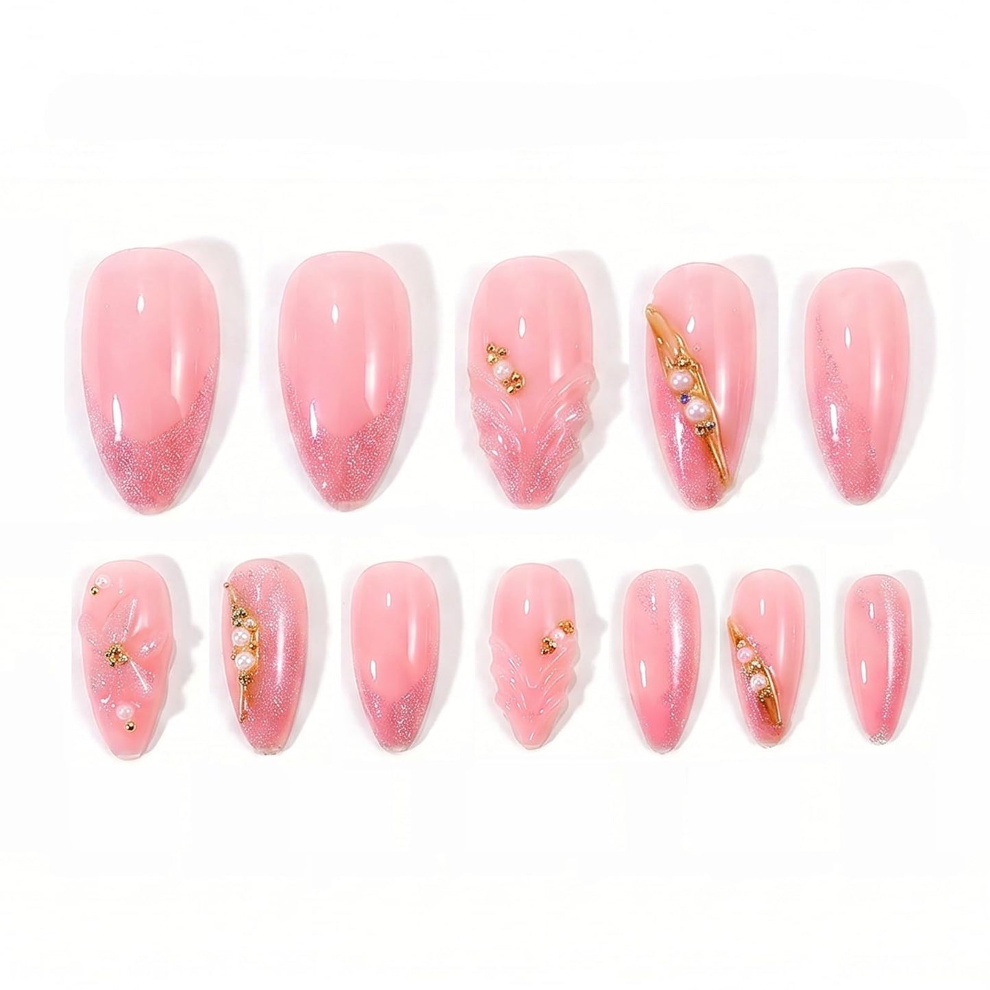 IMRAIN Almond Press on Nails, Medium Fake Nails, 3D Sculpted Pink Flower Gold Chrome, 24Pcs Reusable Glue on Nails for Women, Salon Quality