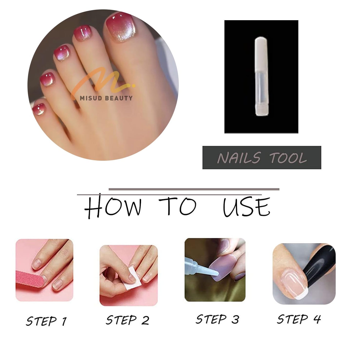 MISUD Toe Press on Nails - Fake Toenails with Hot Pink Ombre, Acrylic Toenail Bling Cat Eye Design 24 pcs