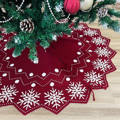 36-Inch Reversible Knit Tree Skirt with Christmas Star–Inspired Pointed Edge Border and Lace-Up Closures, Machine Washable Thick Acrylic Yarn, Burgundy & White