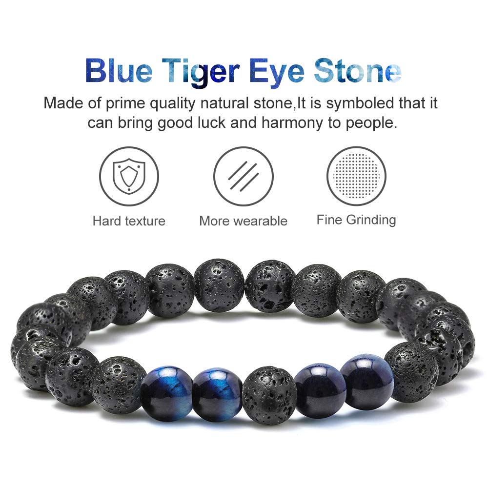 M MOOHAM Natural Bead Bracelet - Gem Semi Precious Stone Round Bead Black Lava Rock Blue Tiger Eye Beads Bracelet Adjustable Bracelets Birthday Gifts for Men