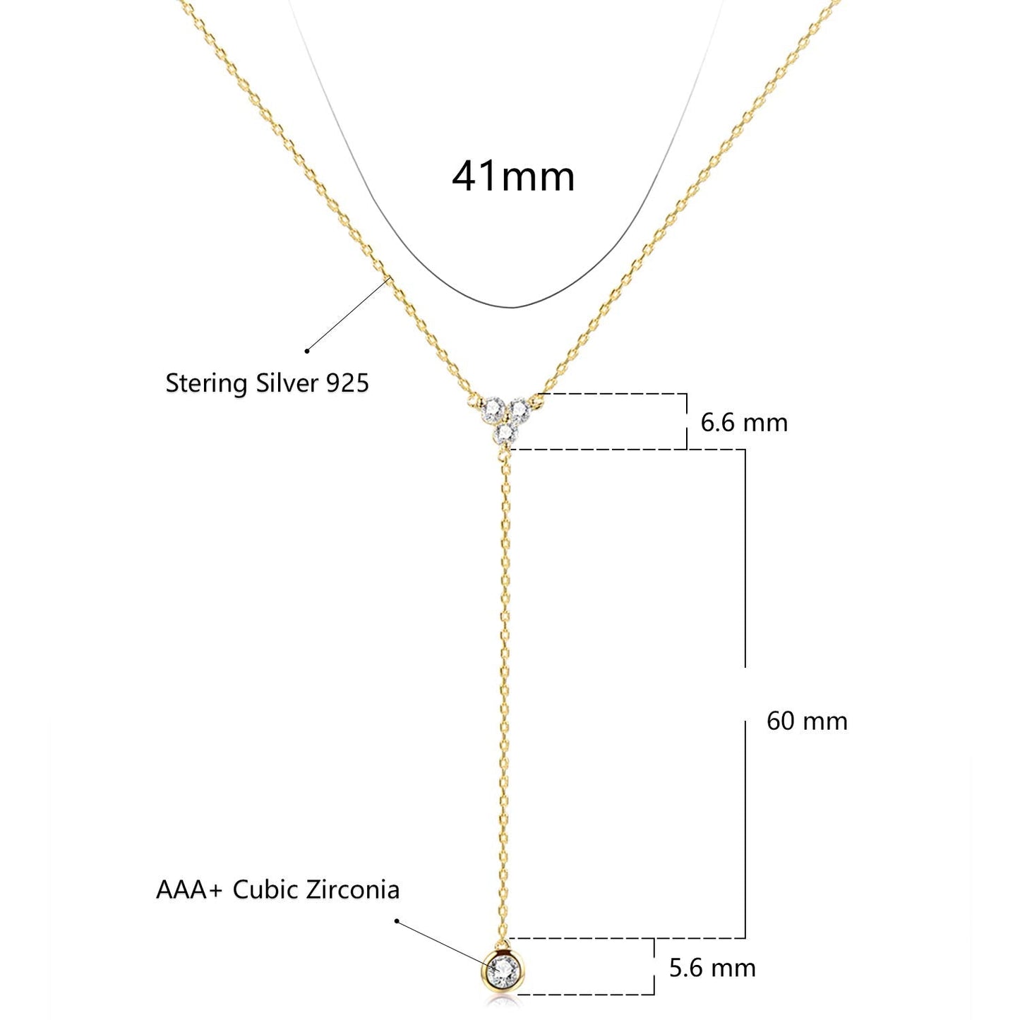 espere Womens Sterling Silver Dainty CZ Lariat Necklace Triple CZ Cluster Y-Shaped Necklace 18K Yellow Gold Plated