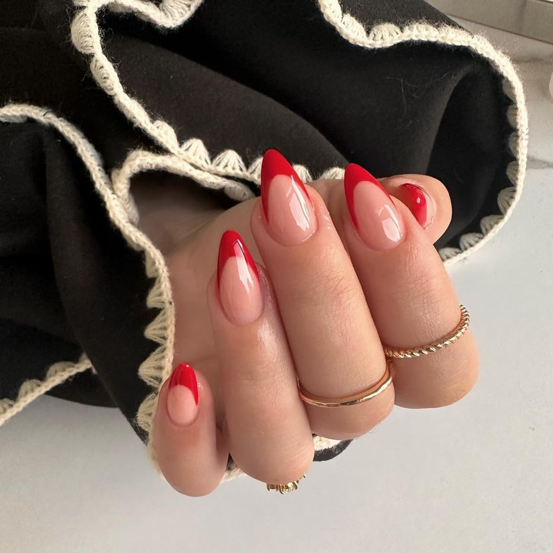 KQueenest Red Press on Nails Short Oval&Red French Press on Nails Medium Almond For Beach Party Daily Decoration in 54 PCS