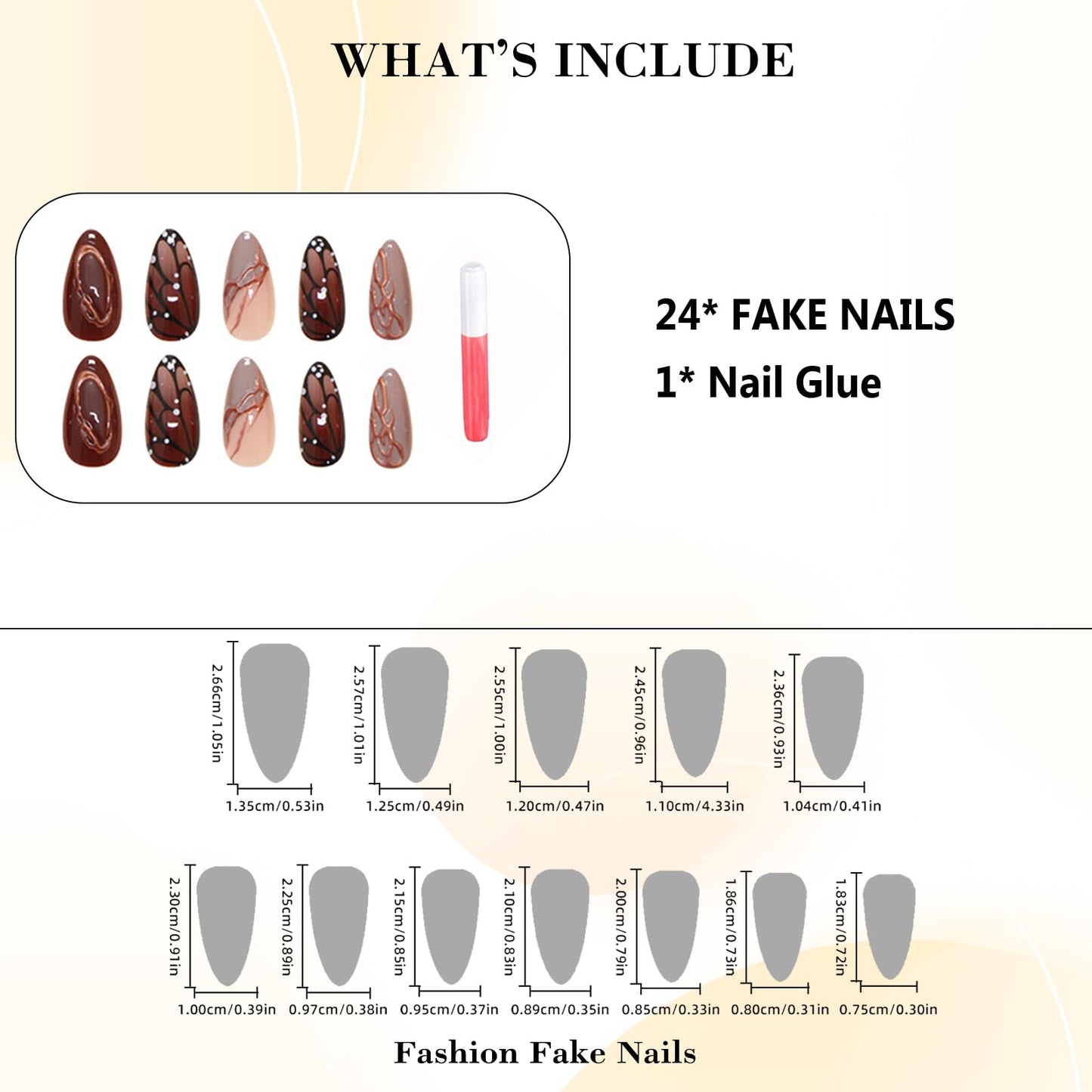 IMRAIN Brown Press on Nails Medium Almond Fake Nails Fall Butterfly Glossy Artificial False Nails Full Cover Golden Line Stick on Nails for Women Girls