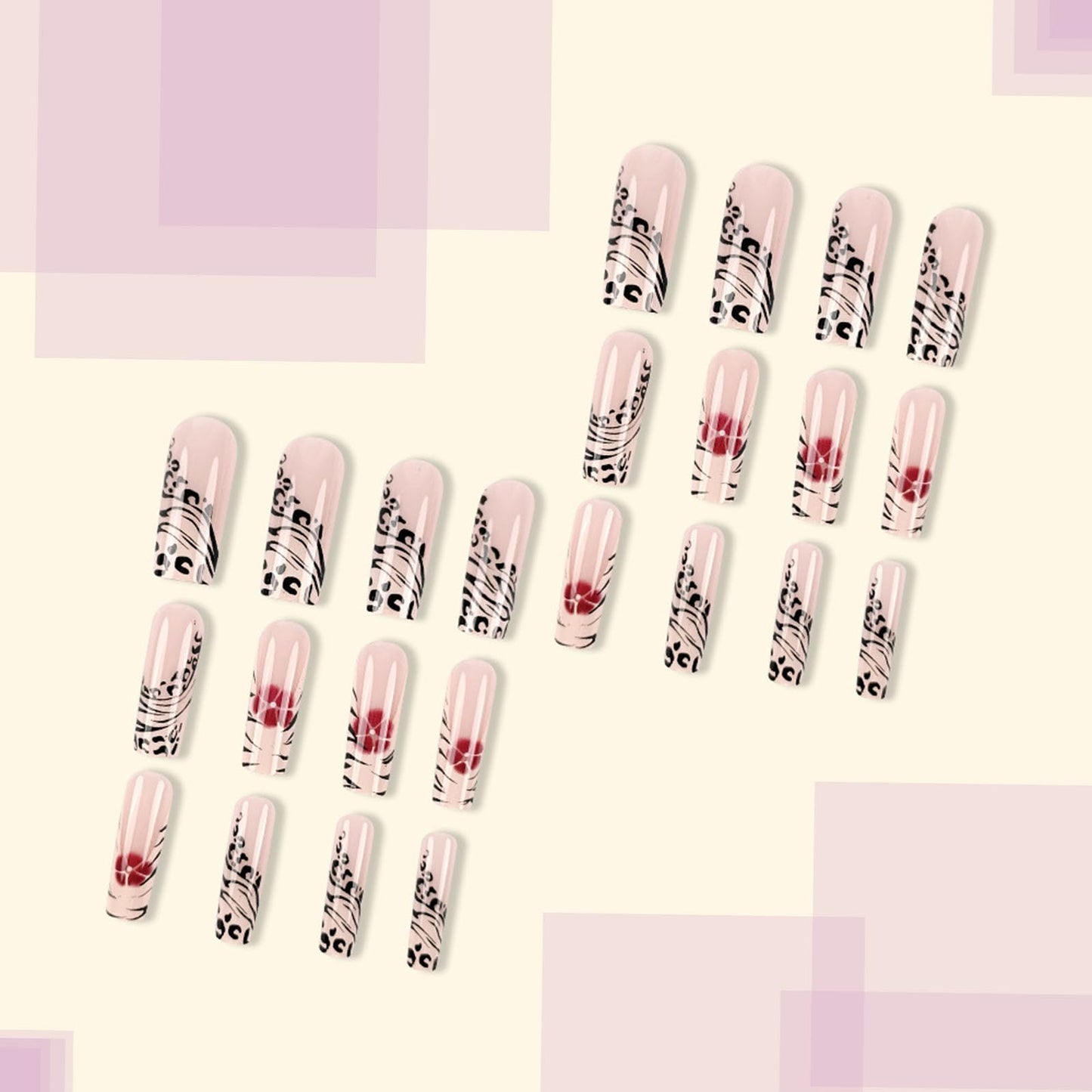 CAEEA Press On Nails Red Flowers Zebra Stripes Square Long False Nails French Nail Tips Artificial Acrylic Nails 24pcs
