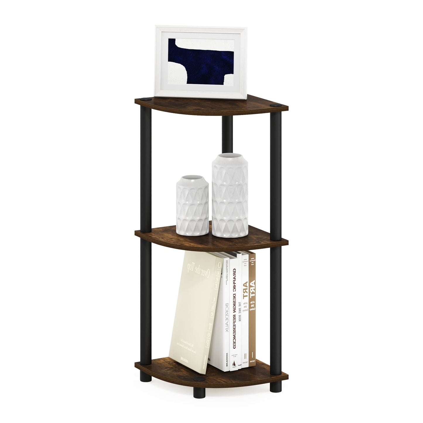 Furinno TURN-N-TUBE Corner Shelf, 3-Tier Corner Bookshelf, Display Storage Shelves with Open Shelves, for Organization and Storage, Living Room, Home Office, Garage, Amber Pine