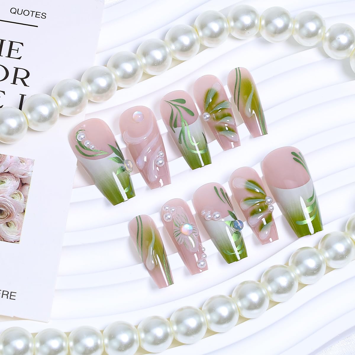 24Pcs Gradient Green Press on Nails Medium French Tip Fake Nails 3D Green Flower Glue on Nails with Pearl Rhinestones False Nails Summer Square Acrylic Nails Handmade Artificial False Nails for Women