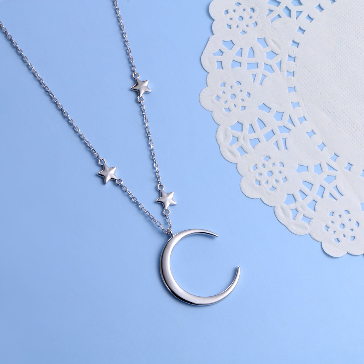 Ladytree S925 Sterling Silver Crescent Moon and Star Jewelry Pendant Necklace,Rolo Chain,18+2"