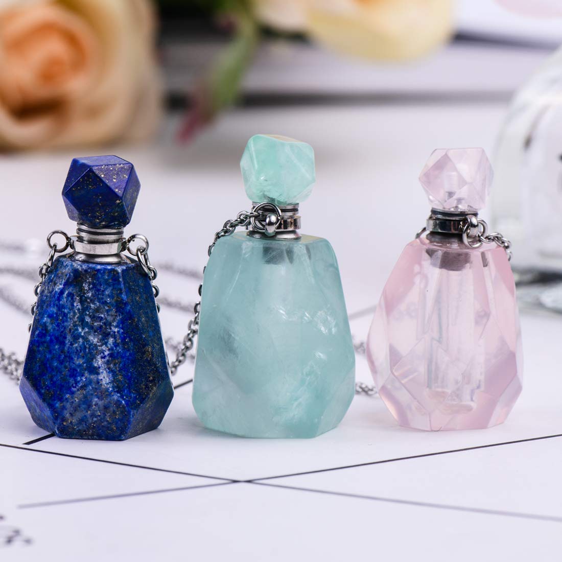 YGLINE Stone Essential Oil Diffuser Necklace for Women,Lapis Lazuli Healing Stone Perfume Bottle Pendant with Chain for Men