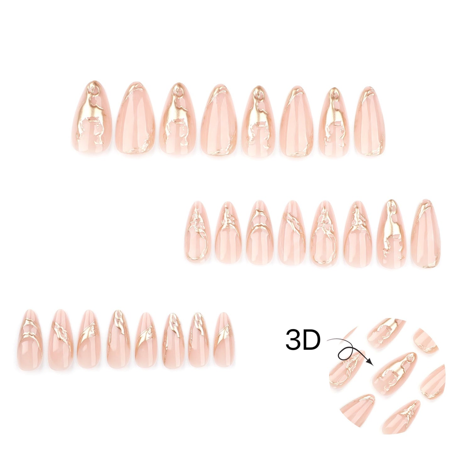 Gold Press On Almond False Nails - Medium Fake Nails with 3D Gold Chrome Design - Glossy Full Cover Stick On Press Ons for Women - 24 Pcs