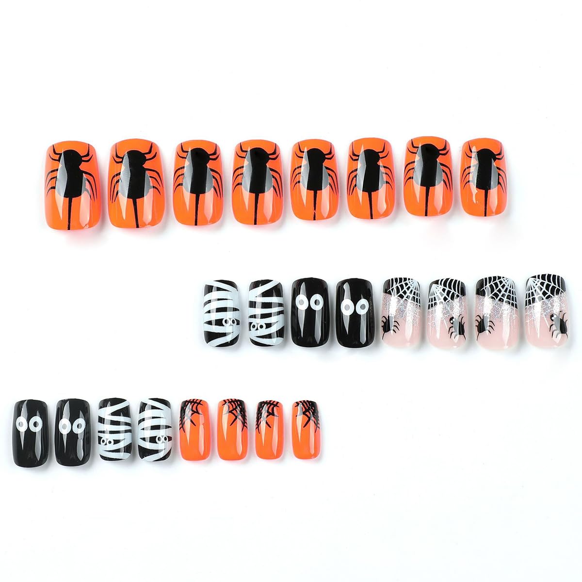 Halloween Spider Press on Nails Short Square Fake Nails with Mummy Spider Web Designs Black Orange Halloween Glue on Nails Cute Holiday Acrylic False Nail for Women Manicure Decoration 24Pcs