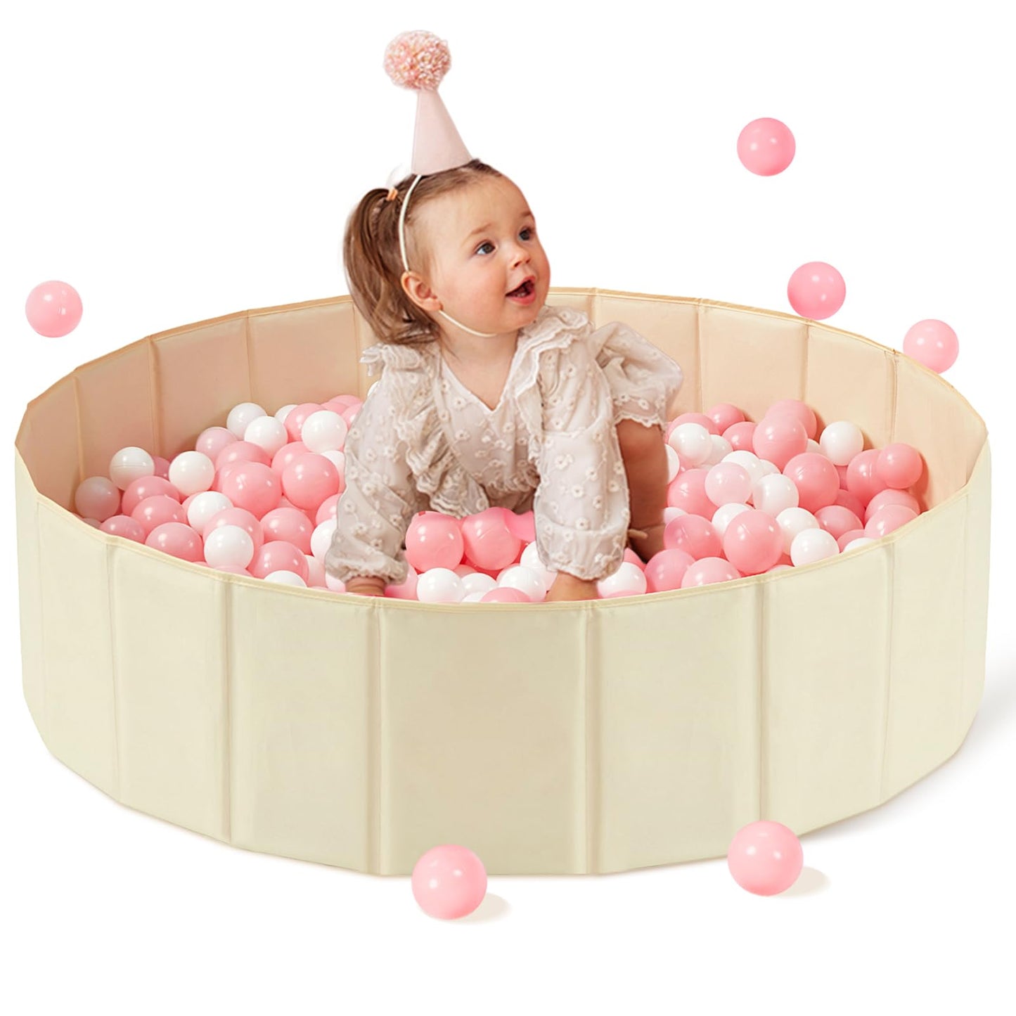 Hikiddy Baby Ball Pit Foldable, 31.5 Inch Ball Pits for Toddlers Round, Kiddie Baby Playpen Ball Pool, Idea Gift for Babies-Balls NOT Included(Light Beige)