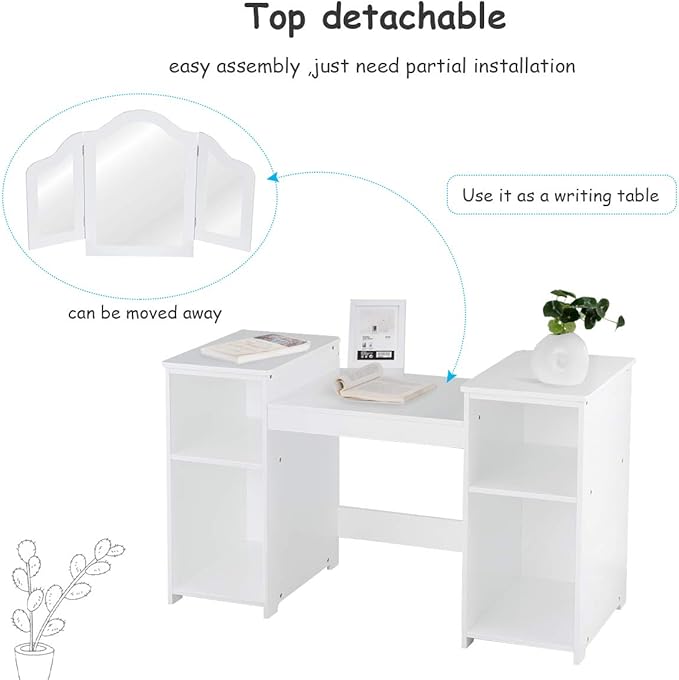 GOFLAME Kids Vanity Table, 2 in 1 Detachable Design with Dressing Table and Writing Desk, Princess Style, White MDF and Plastic Mirror, 42"×16"×46" (L×W×H), 2 Oversized Shelves, 3-Panel Mirror