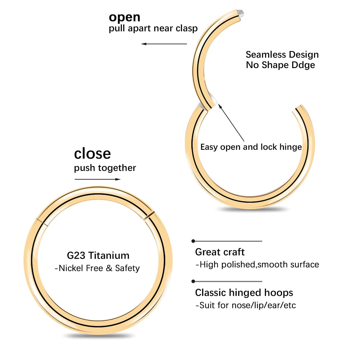 BOGKU G23 Titanium Hinged Nose Ring Hoop 18 Gauge 8mm Septum Clicker Segment Rings Hypoallergenic Nose Rings Hoops Earrings Body Piercing Hoops