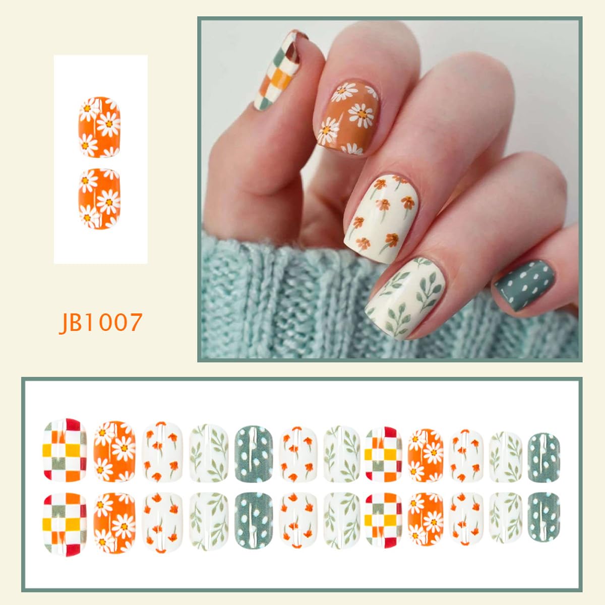 Coloful Spring Press on False Nails Polka Dot Fake Nails Short Square Glue on Nails with Flower Leaf Checkered Designs Glossy Press ons Stick on Nail for Women Manicure 24Pcs