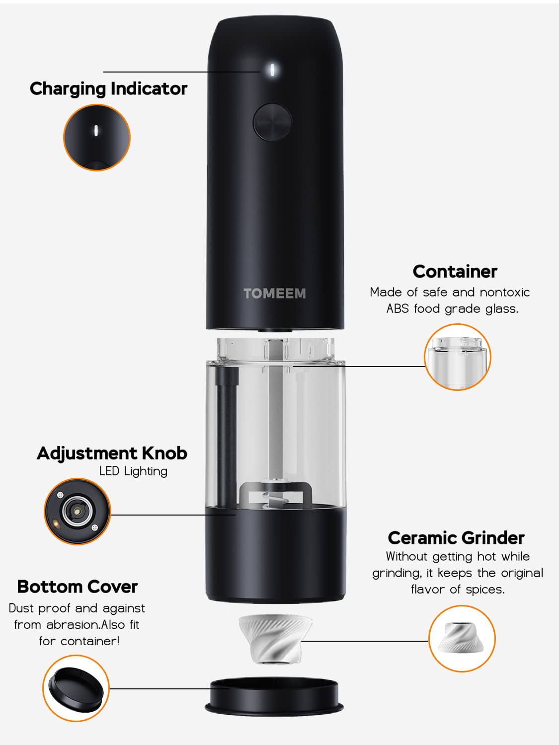 TOMEEM Electric Salt and Pepper Grinder Set with LED Lights，Rechargeable Automatic Pepper and Salt Mill with 6 Adjustable Coarseness, Dust Cover, One-Button Control for Cooking, Home Gifts