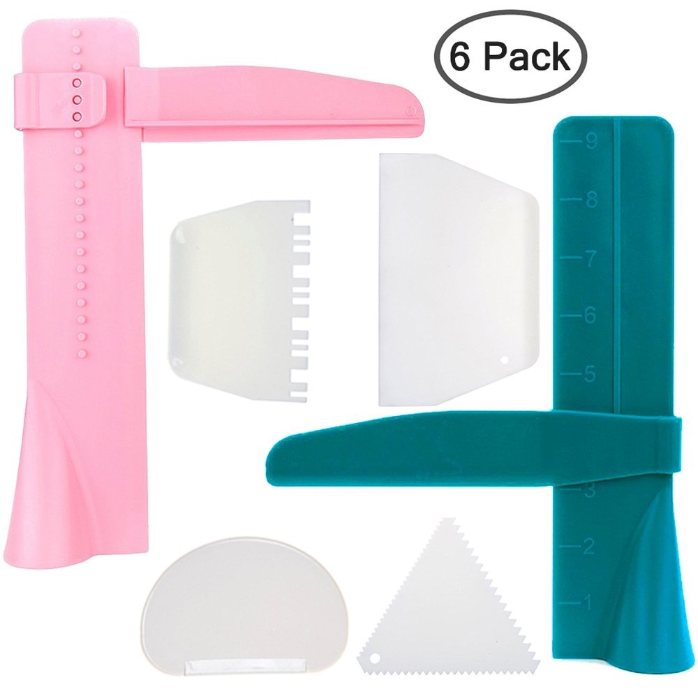 2pcs Adjustable Cake Smoother Polisher with 4pcs Different Scrapers, FineGood Fondant Cream Edge Smoothing Decorating Tools - Green, Pink