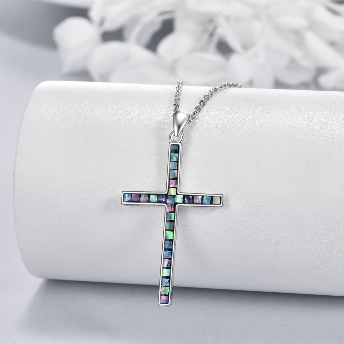 YFN Cross Necklace Sterling Silver Abalone Shell Cross Pendant Thin Cross Jewelry Gifts for Women Men