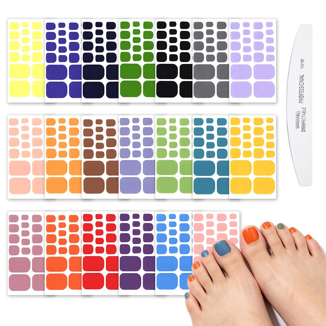 WOKOTO 20 Sheets Solid Color Toe Nail Strips, Self-Adhesive Full Wraps Gel Nail Polish Stickers for Women Girls, Nail Art Decals Manicure Kit with Nail File, DIY Home & Professional Use