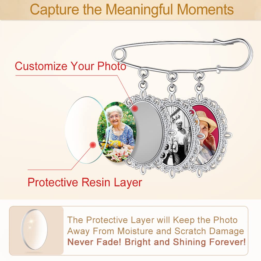 Custom4U Memory Charms for Wedding Bouquet Customized with 3 Pictures Custom Photo Brooch Pins Funeral Boutonniere Oval Shaped Charm Memorial Jewelry
