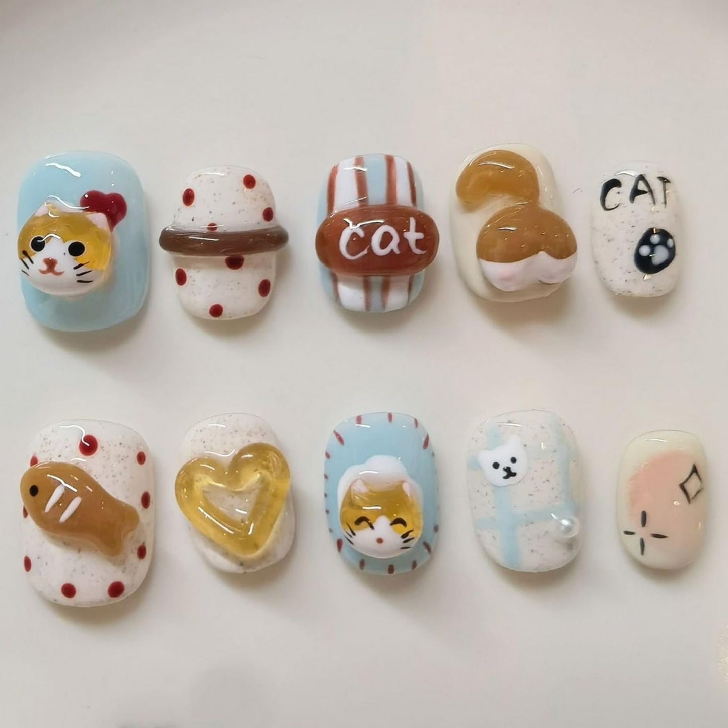 Cute Handmade Extra Short Press on Nails Square 3D Unique Reusable ABS Material Luxury Fake Nails Cat False Nails with Designs Fish Heart Art Glossy Glue on Nails Thick Acrylic Nails(S)