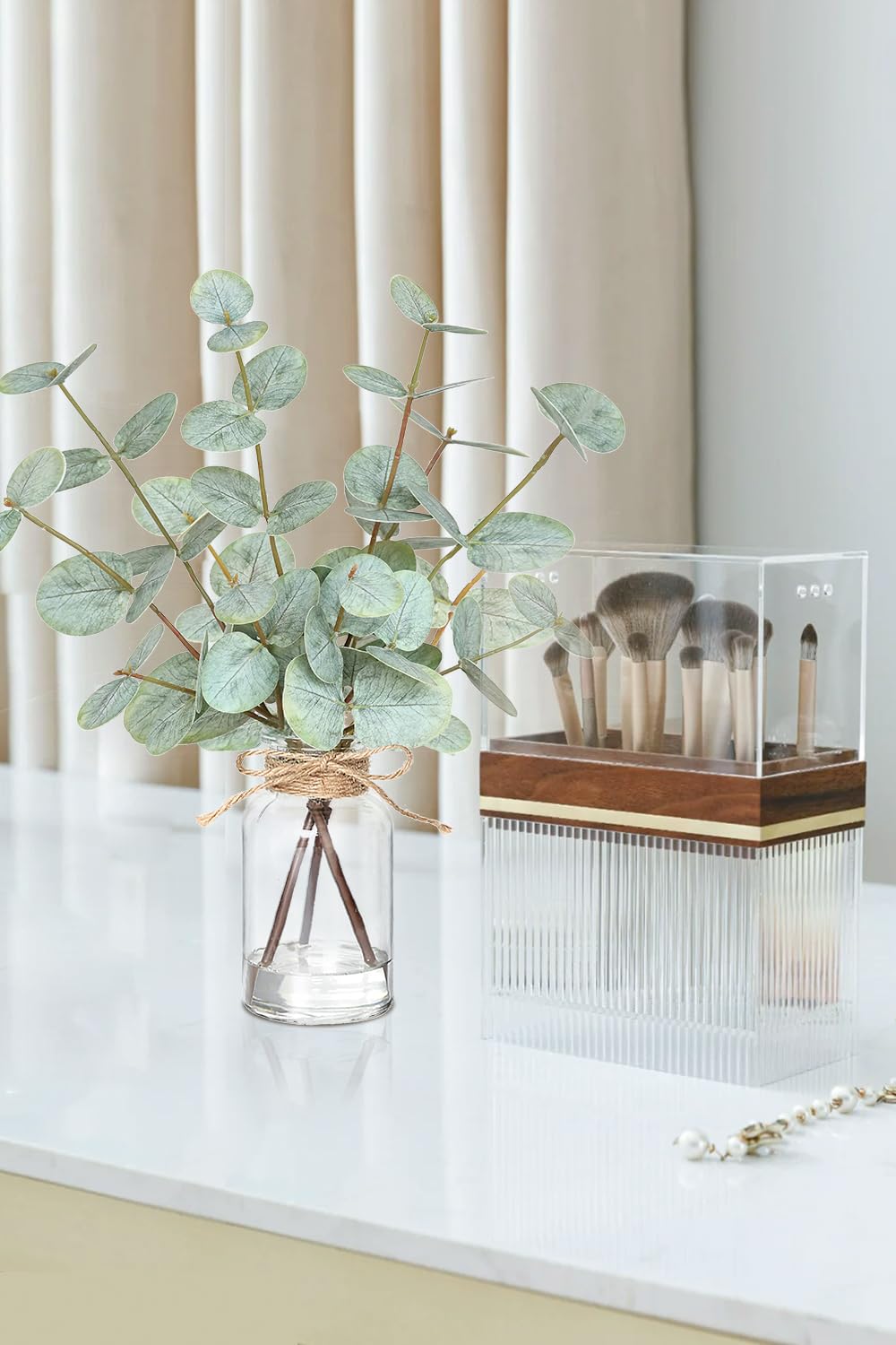 Piklado Fake Eucalyptus Stems in Vase with Faux Water,Artificial Plants Eucalyptus Leaves for Shelf Desk Bathroom Farmhouse Room Coffee Table Faux Greenery Plants Decorations (Green)