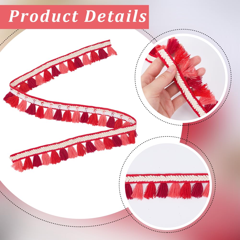 CABODYALS 1.5 Inch Red Fringe Trim Polyester Lace Tassels Braid Ribbons Boho Ethnic Sewing Fringe Braided Ribbon Trims for Sewing Making DIY Clothing Crafts Home Decor Curtain Pillow Carpet Bed Supply