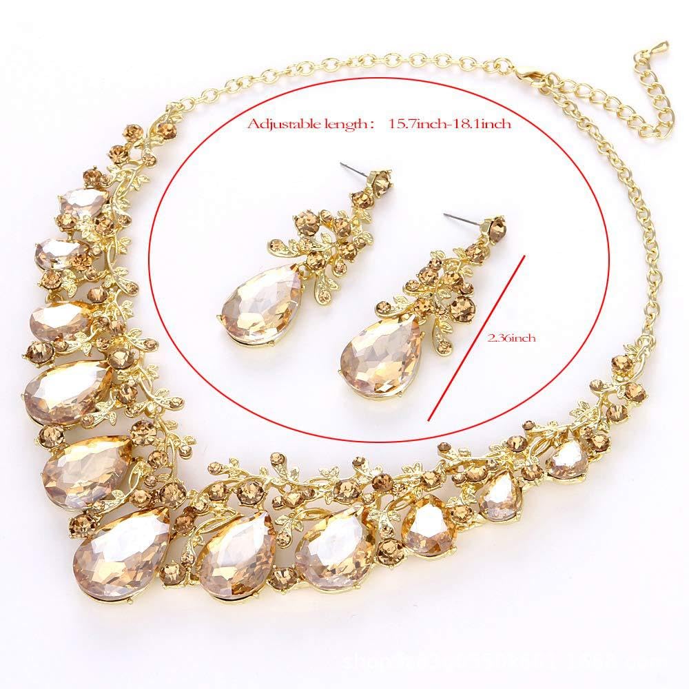 Qlavoca Vintage Crystal Teardrop Necklace Earrings Set - Gothic Statement Jewelry for Wedding Bridal Prom Party(Champagne)