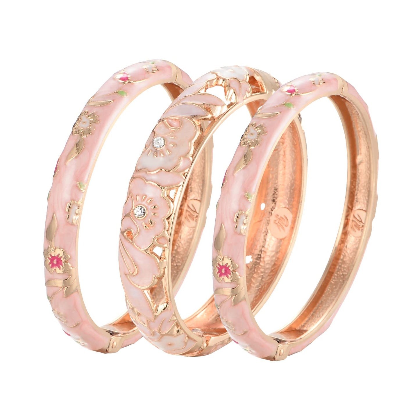 UJOY Women Cloisonne Bracelet Multi-Colors Plated Rhinestone Flower Hollowed Enameled Hinged Cuff Bangles Jewelry Gift 88A08-3PCS Pink