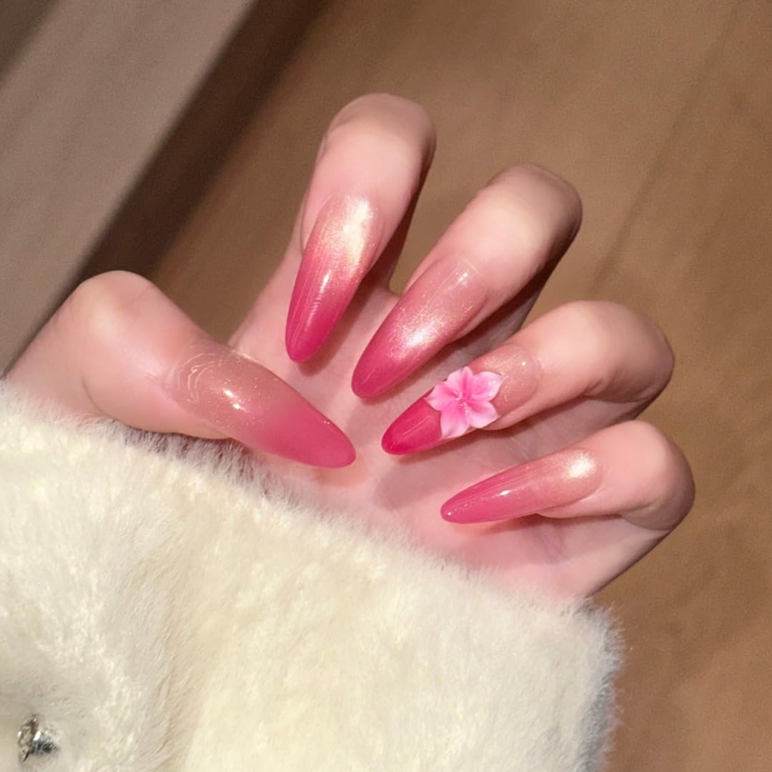 Romantic Pink Ombre Press On Nails, 3D Floral Embellished Long Almond Fake Nails, Reusable Manicure Set (L)