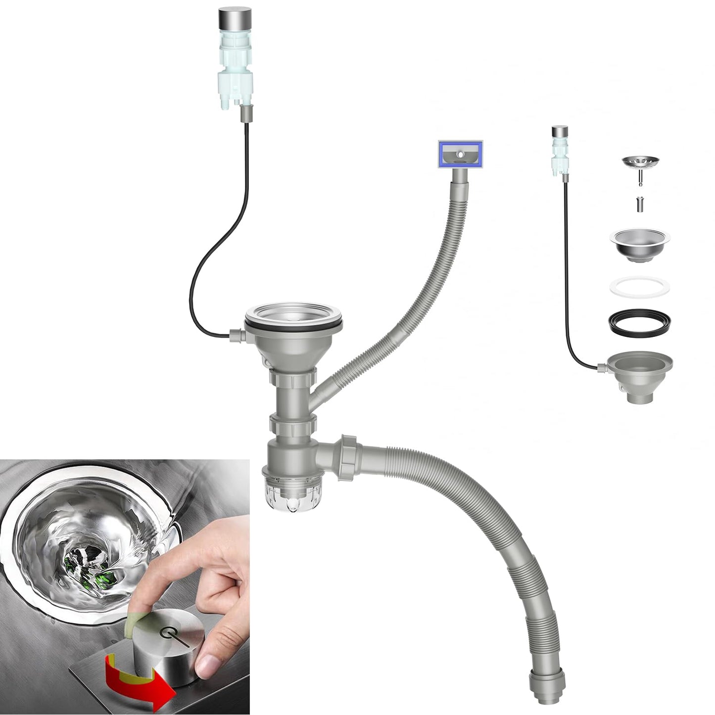 QruiLanTu 4 1/2'' Kitchen Sink Drain Assembly with Push Button Control,Stainless Steel Basket Strainer Kit with Overflow, Flexible Drain Hose for kitchens and bathrooms