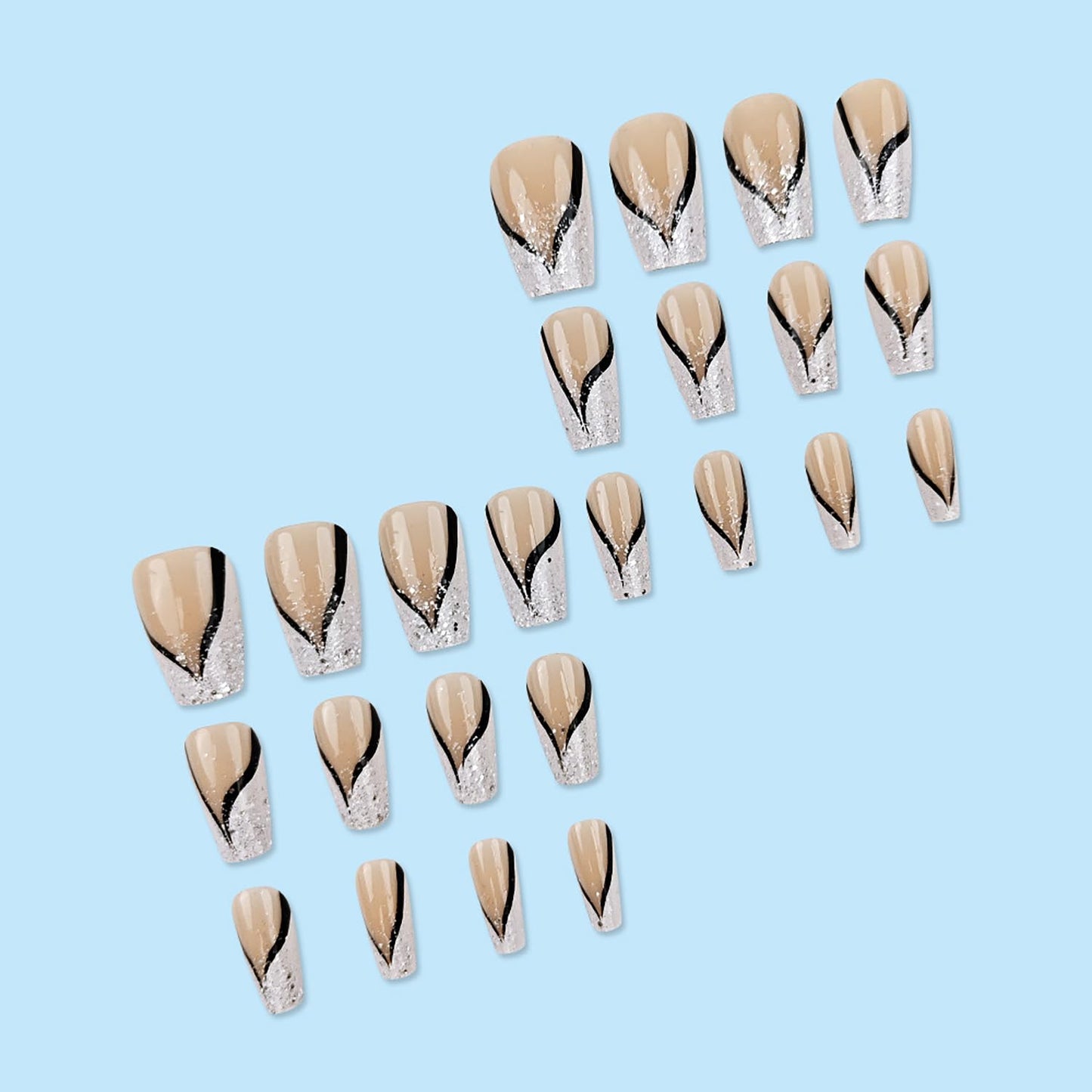 CJDLTS White French Tip Press on Nails Medium Ballet Shaped Nails Glitter Powder Design False Nails Artificial Stick on Nails Press Nails with Design Black Stripe Acrylic Glue on Nails for Women 24Pcs