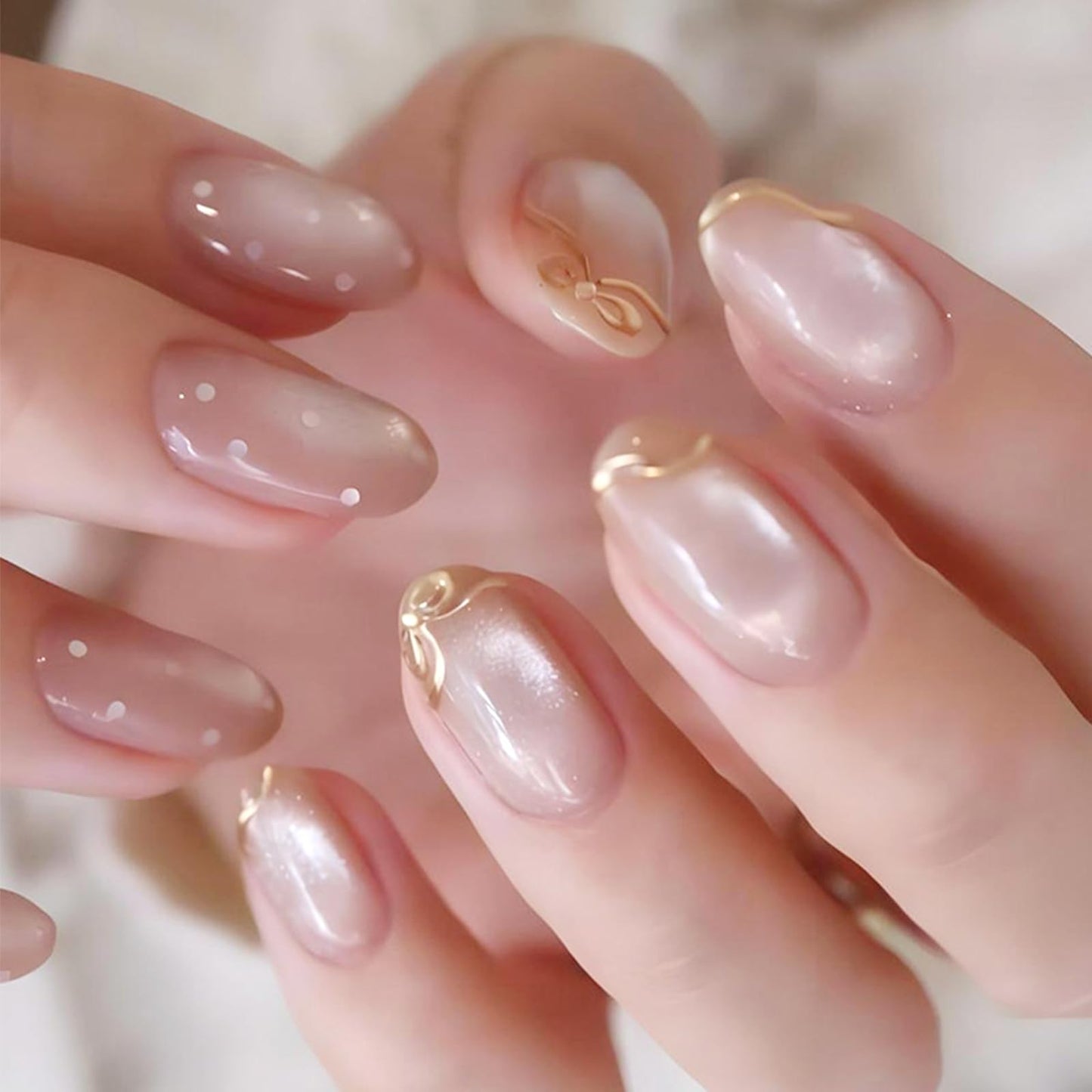 Polka Dot Press on Nails Medium Oval Fake Nails with Designs Gold Bow Stick on Nail Glitter Acrylic False Nail Cute Artificial Nail Press ons Glossy Full Cover Glue on Nails for Women