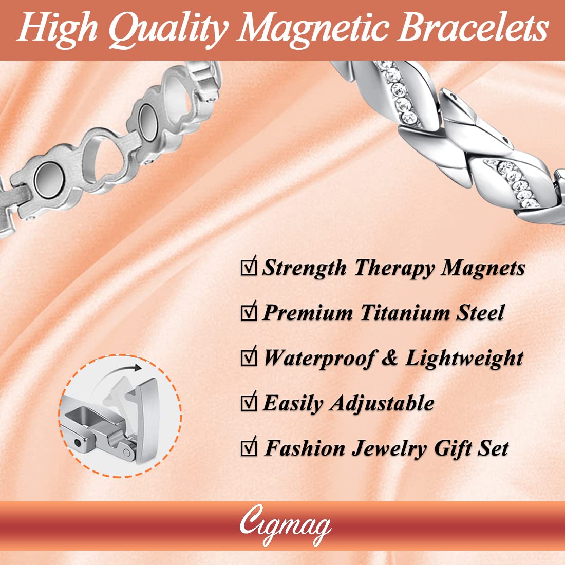 Cigmag 2PCS Magnetic Bracelets for Women Adjustable Titanium Steel Magnetic Bracelet with Strength Magnets Sizing Tool (Crystal & Love)