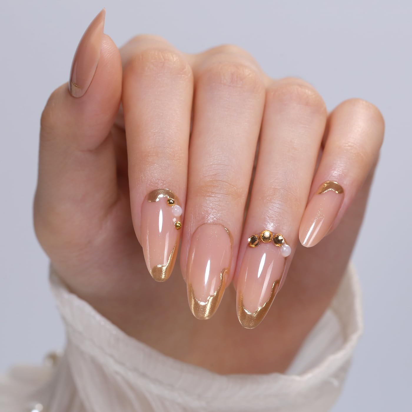 Goolich Medium Almond Chrome Gold Line Press On Nails, 3D Bead Charms French Tip Design Nails Press ons Set with Adhesive Tabs, 24 Pcs 12 Size Reusable Full Cover Glue on Nails for Women